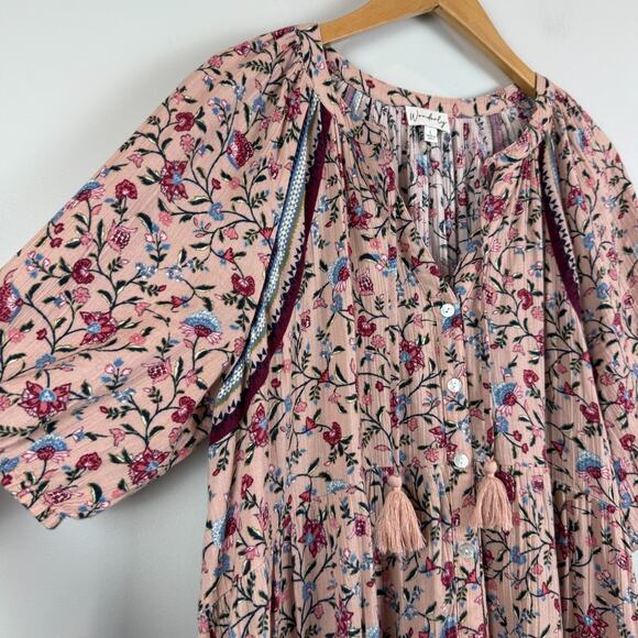 Wonderly Maxi Dress Women L Pink Multi Floral Ruffle Puff Sleeve Cottage Prairie - Picture 2 of 8